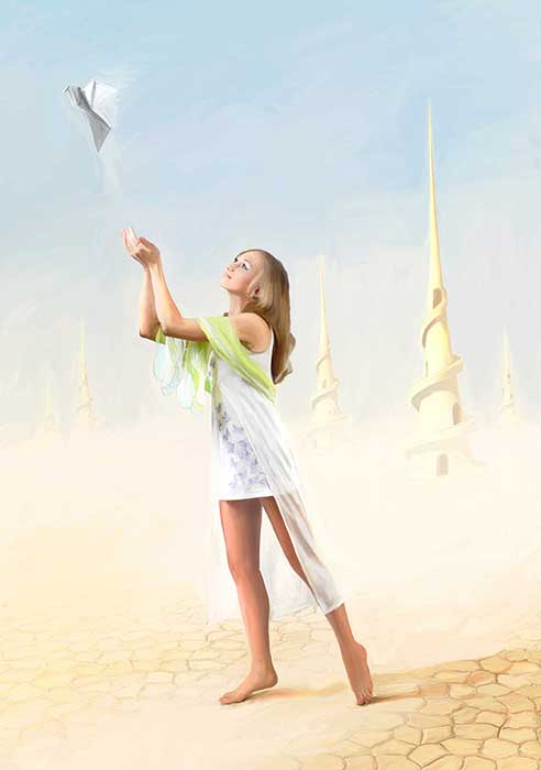 Painting of a girl letting an origami bird take flight from her hands